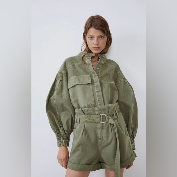 ZARA Women's Green Snap Button Puff Sleeve Denim Shacket Oversized Shirt - Picture 9 of 15